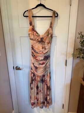 NWT Promesa Floral Mesh Midi Dress | Ruched | Cowl Neck | Bodycon